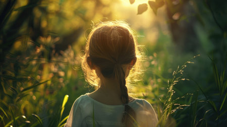 Young girl with braided hair stands in sunlit forestの素材