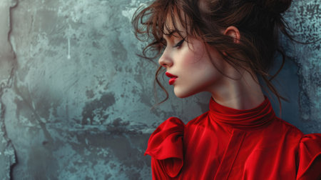 Profile of young woman in red dress standing against textured wallの素材