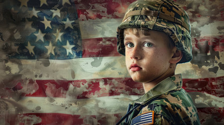 Young boy in military uniform against worn American flagの素材