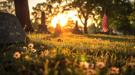 Peaceful cemetery at sunrise, dew-covered grass, flag, headstonesの素材