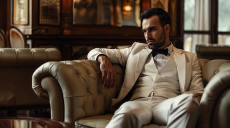 Man in white suit sitting on luxurious leather sofa elegant roomの素材