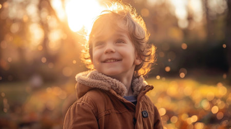 Young boy enjoying autumn sunset with joyful smileの素材