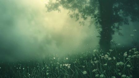 Foggy forest with lush greenery and white flowers bathed in soft lightの素材