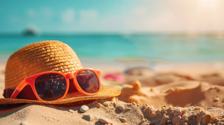 Sun hat and sunglasses on sandy beach near blue oceanの素材