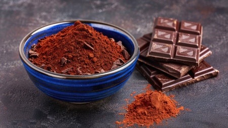 Dark chocolate bars and cocoa powder in bowl on textured surfaceの素材