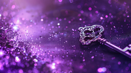 Shiny vintage key on sparkling purple surfaceの素材