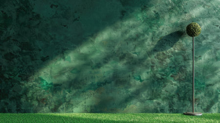 Minimalist green wall with tall potted plant casting shadow, on grass-like carpetの素材