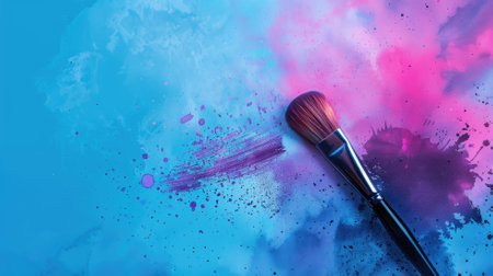 Colorful paintbrush lying on abstract blue and pink backgroundの素材