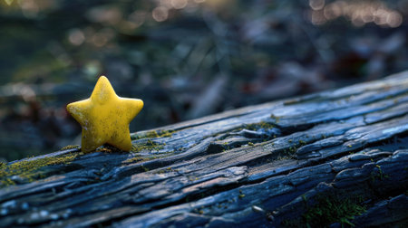 Yellow star-shaped object rests on mossy log in forestの素材