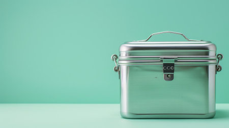 Stainless steel lunchbox with handle on mint green backgroundの素材