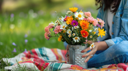 Woman arranging colorful flowers in tin mug outdoorsの素材