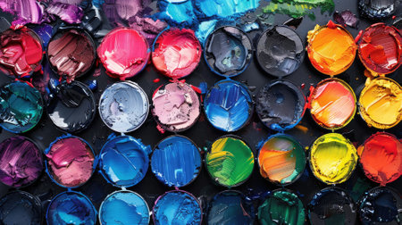 Vivid array of colorful paint swatches arranged in neat rowsの素材