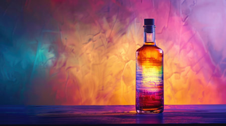 Colorful glass bottle against vibrant abstract backgroundの素材