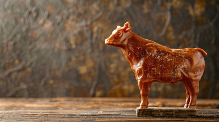 Intricately carved cow sculpture made of reddish-brown material on wooden surfaceの素材