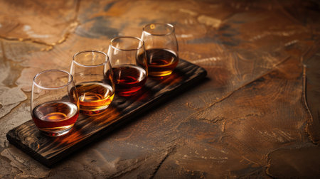 Row of whiskey glasses on wooden tray, rustic backgroundの素材