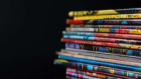 Stack of colorful comic books with vibrant covers on dark backgroundの素材