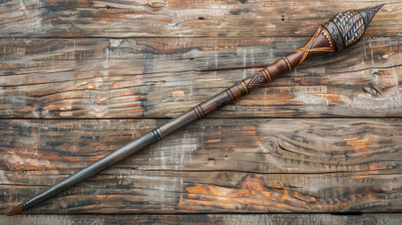 Ornate wooden scepter on rustic surface, intricate carvings and patternsの素材