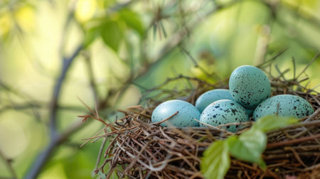 Close-up of blue eggs in bird's nest on tree branch with green leavesの素材