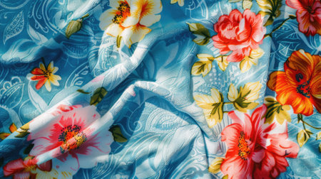 Vibrant floral fabric with colorful flowers on blue backgroundの素材