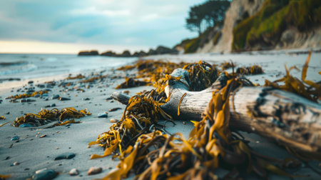 Driftwood and seaweed strewn across beach at sunsetの素材