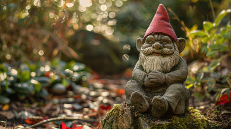 Garden gnome figurine with red hat sitting on moss-covered rock in leafy gardenの素材