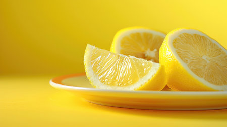Three lemon slices on white plate against yellow backgroundの素材