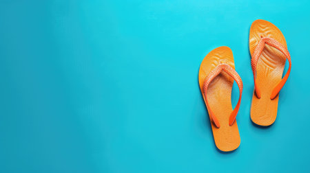 Orange flip-flops on bright blue background, symbolizing summerの素材