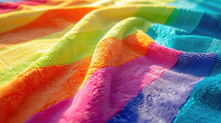 Colorful, textured fabric swatch featuring rainbow hues in wavy patternの素材