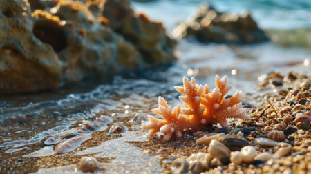 Pink coral on rocky shore, small shells, shallow water, vibrant marine lifeの素材