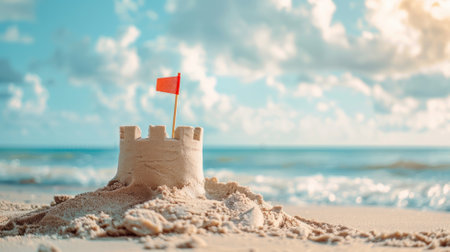 Small sandcastle with red flag on sunny beach, ocean waves in backgroundの素材