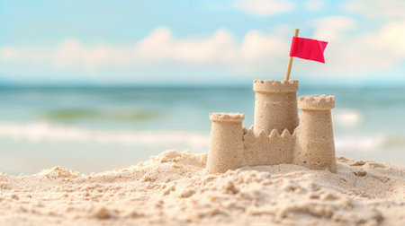 Sandcastle with red flag on beach near seaの素材
