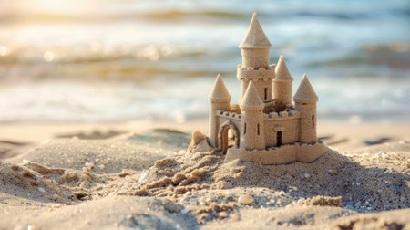 Detailed sandcastle on sunny beach by ocean wavesの素材