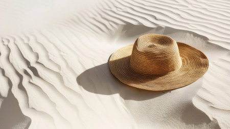Straw hat on textured white sand dunes casting shadowsの素材