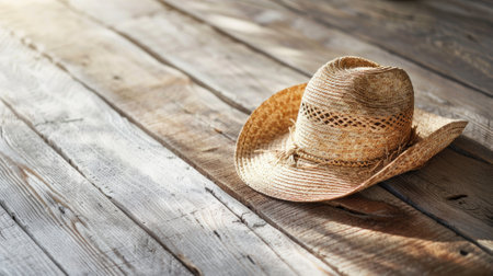 Straw hat on wooden floor, sunlight casting shadowsの素材