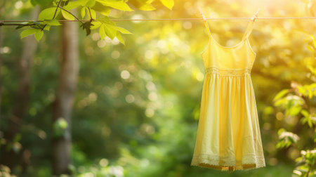 Yellow dress hanging on clothesline in sunlit forestの素材