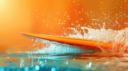 Surfboard slicing through ocean waves, vibrant sunset backgroundの素材