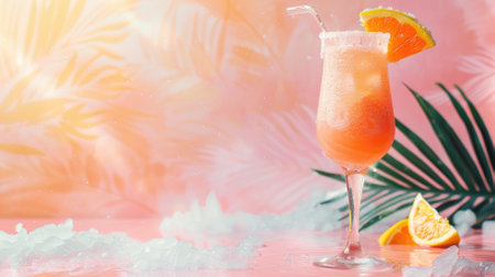 Fruity cocktail with sugared rim, garnished orange slice, on tropical-themed backgroundの素材
