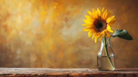 Vibrant sunflower in clear glass vase against golden backgroundの素材