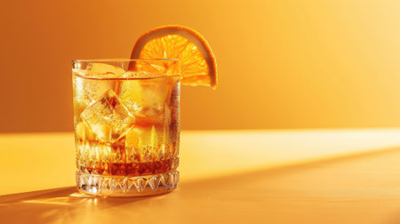 Refreshing cocktail with ice and orange slice on radiant backgroundの素材