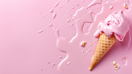 Melting pink ice cream in waffle cone on backgroundの素材