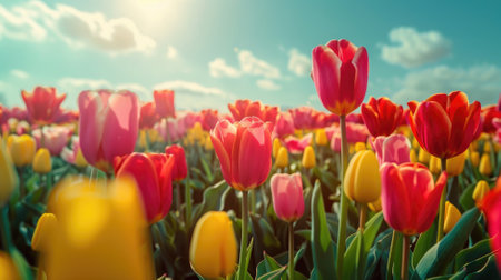 Vibrant tulip field in sunlight with clear blue sky and cloudsの素材