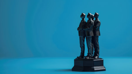 Three men statues on pedestal against blue backgroundの素材