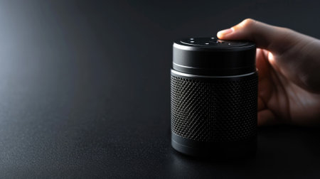 Hand adjusting black smart speaker in dark settingの素材