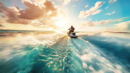 Person jet skiing on ocean at sunset, creating wavesの素材