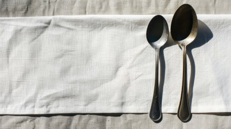 Two metal spoons on white tablecloth, well-lit shadowsの素材