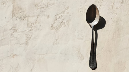 Metal spoon casting shadow on textured, light-colored surfaceの素材