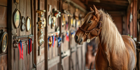 Horse in stable with ribbons and trophiesの素材