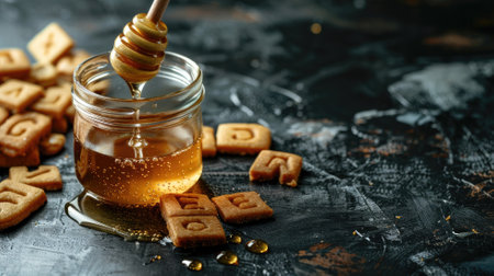 Honey jar with dipper, surrounded by alphabet cookies on dark backgroundの素材