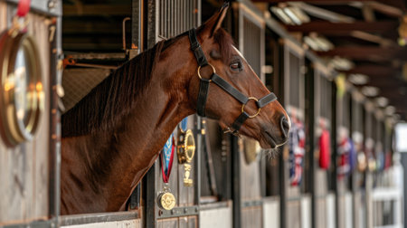 Brown horse in stable stall, wearing harness, head facing rightの素材