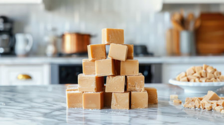 Stack of brown fudge squares on marble counter in bright kitchenの素材